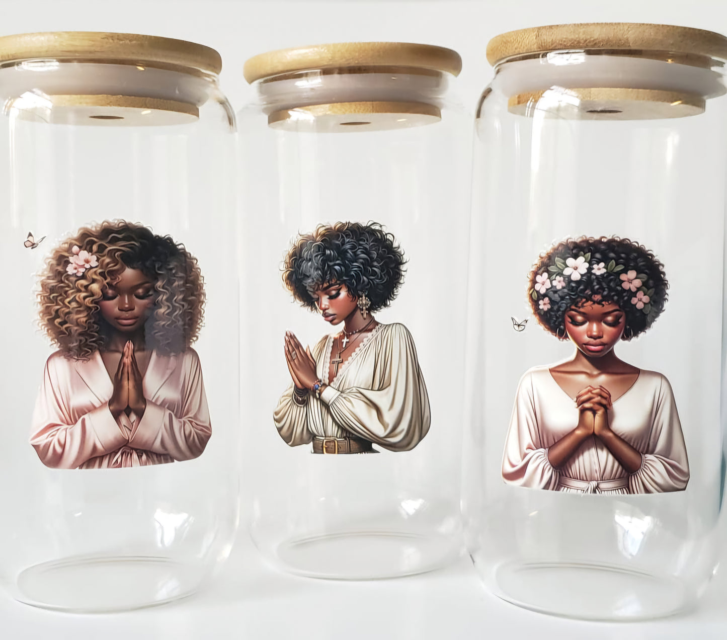 Glass Cup 16oz without lid or straw- Black Girl Praying