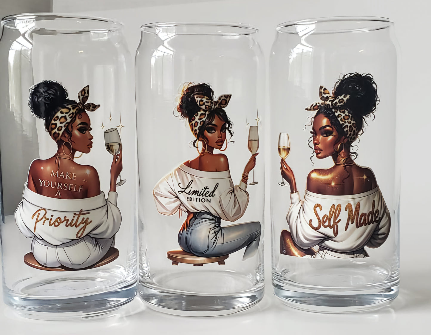 Glass Cup 20oz. without lid or straw- Make Yourself a Priority Black Girl with Wine Glass