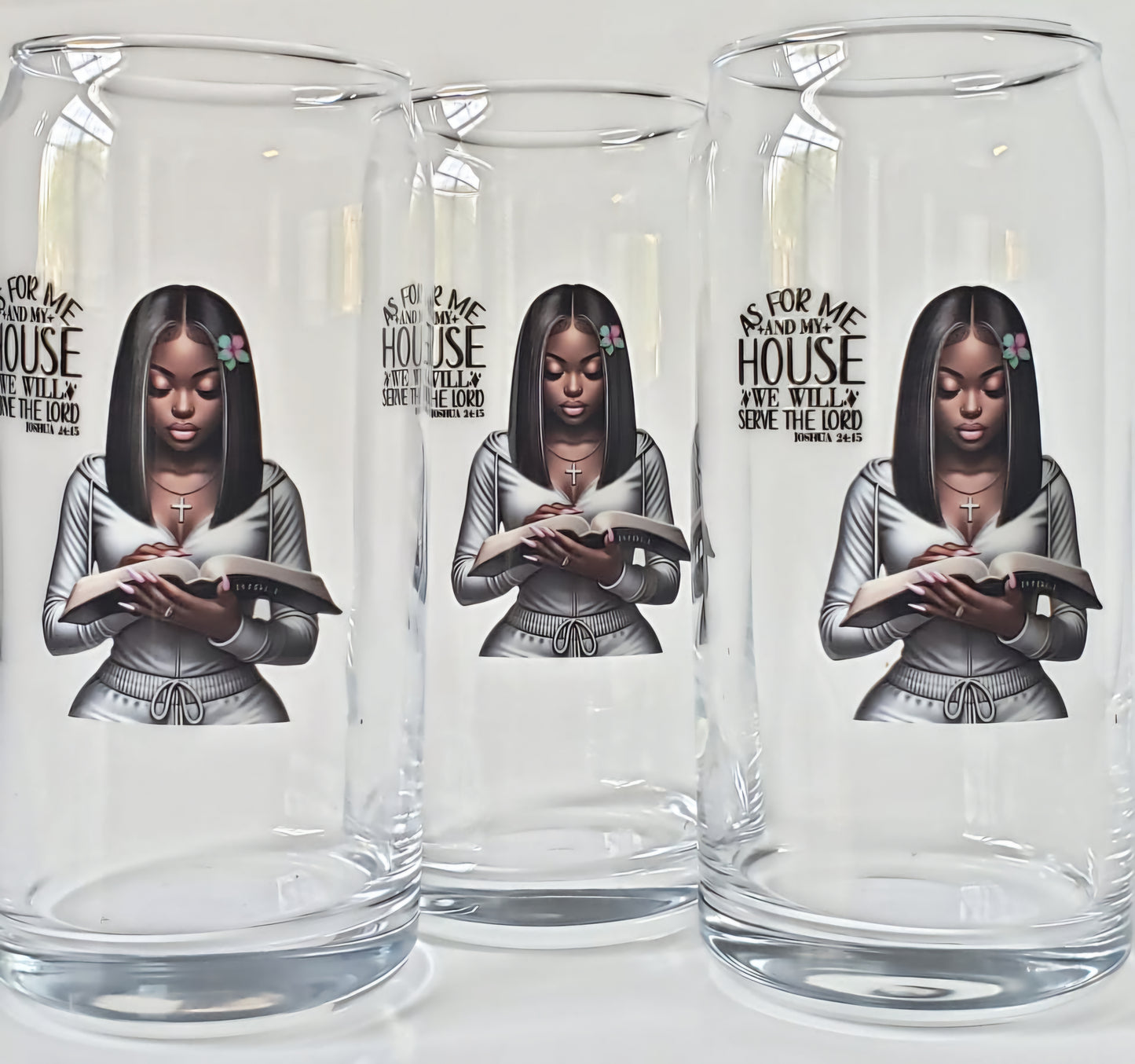 Glass Cup 20oz. without lid and straw- As for me and my house- Woman reading Bible