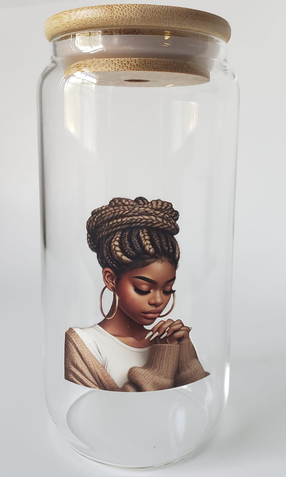 Glass Cup 16oz. with lid and straw- Black Girl Praying