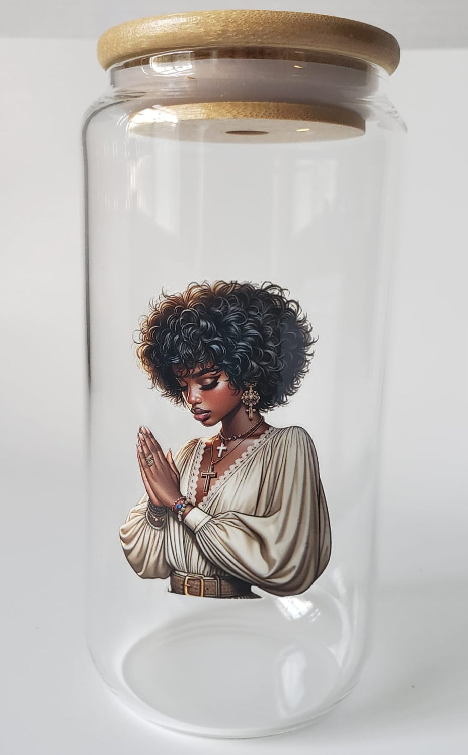 Glass Cup 16oz. without lid or straw- Humble Black Girl Praying