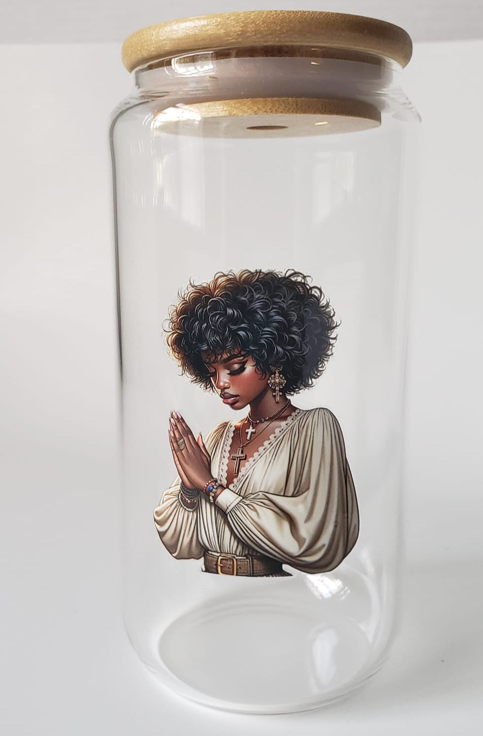 Glass Cup 16oz. without lid or straw- Humble Black Girl Praying