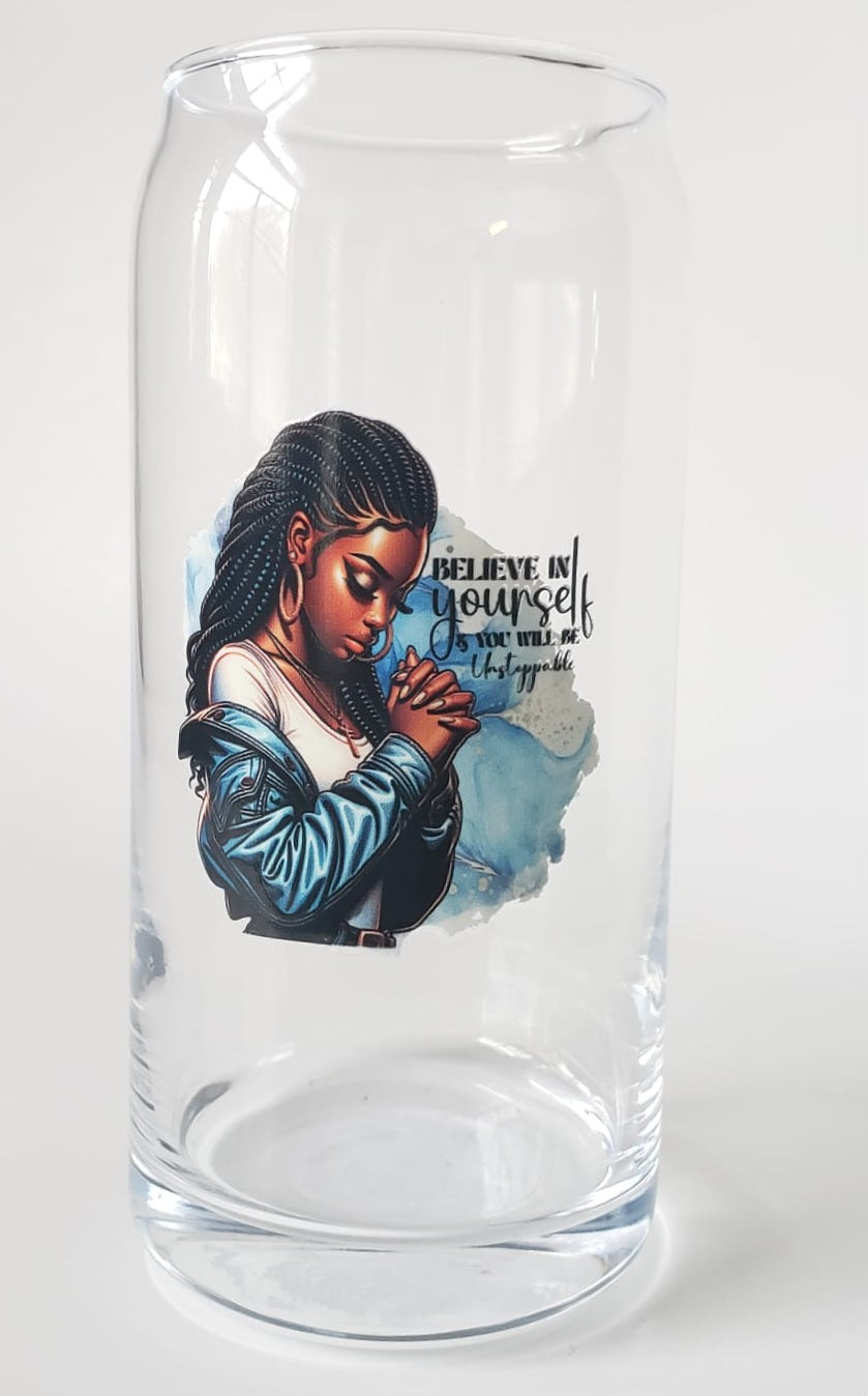 Glass Cups 20oz. without lid or straw- Black Girl Praying