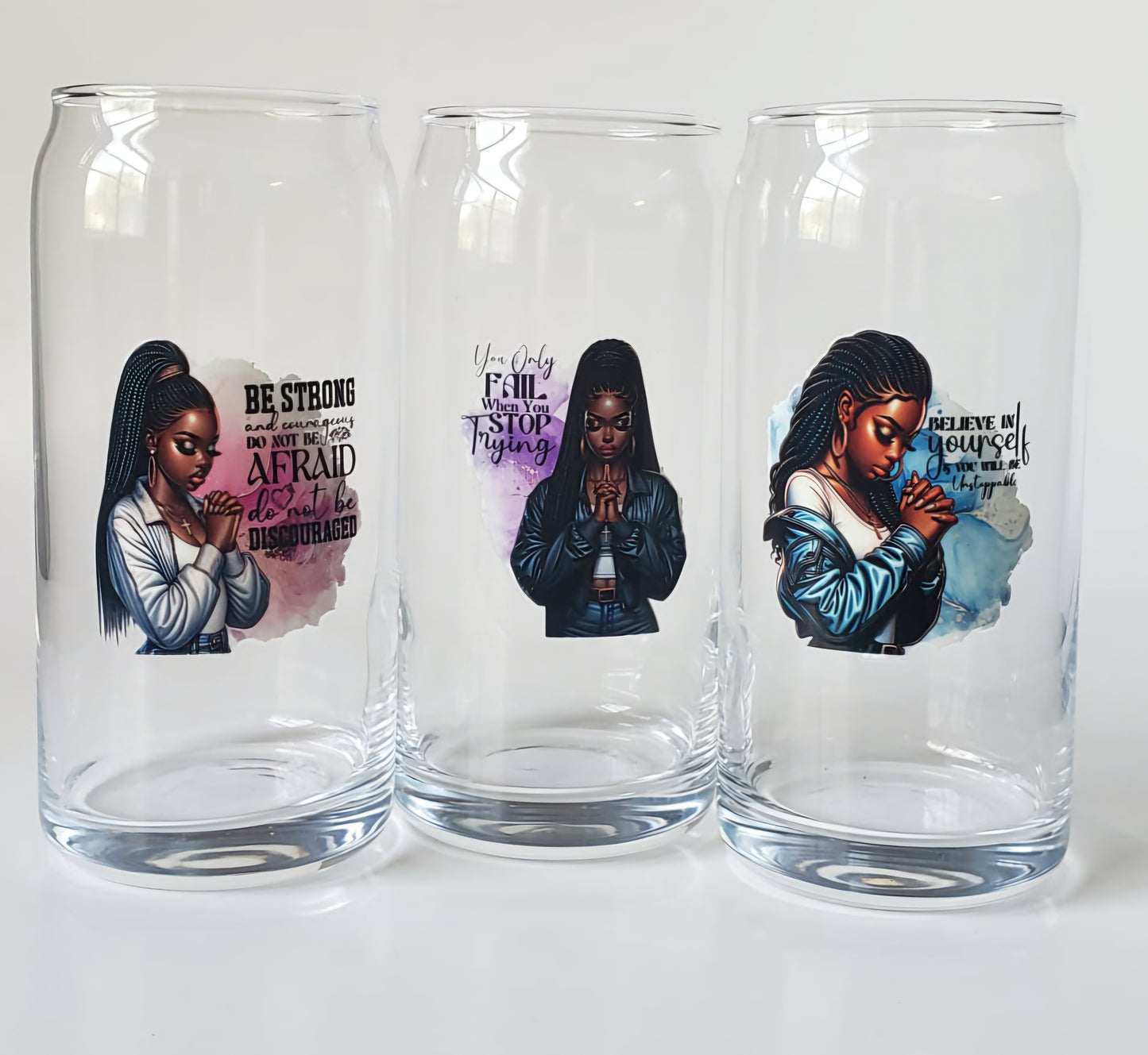 Glass Cups 20oz. without lid or straw- Black Girl Praying