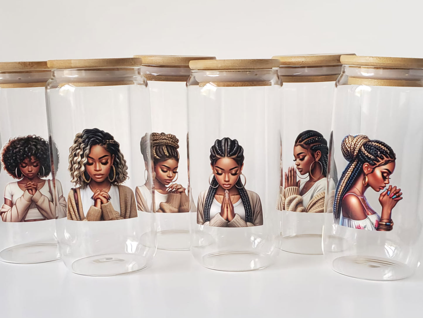Glass Cup 16oz. with lid and straw- Black Girl with Braids Praying