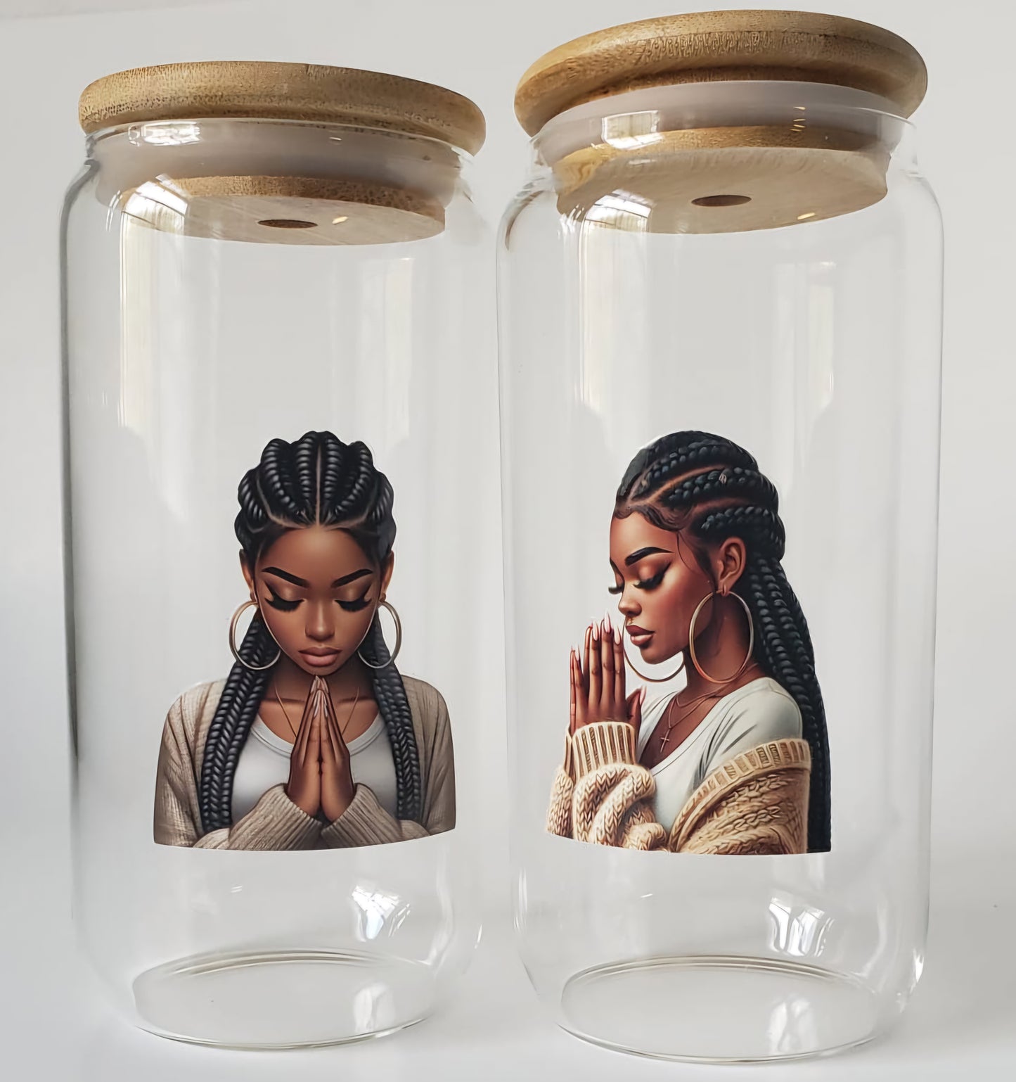Glass Cup 16oz. with lid and straw- Black Girl with Braids Praying