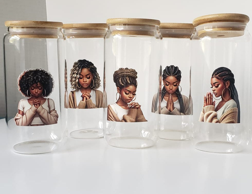 Glass Cup 16oz. with lid and straw- Black Girl with Braids Praying