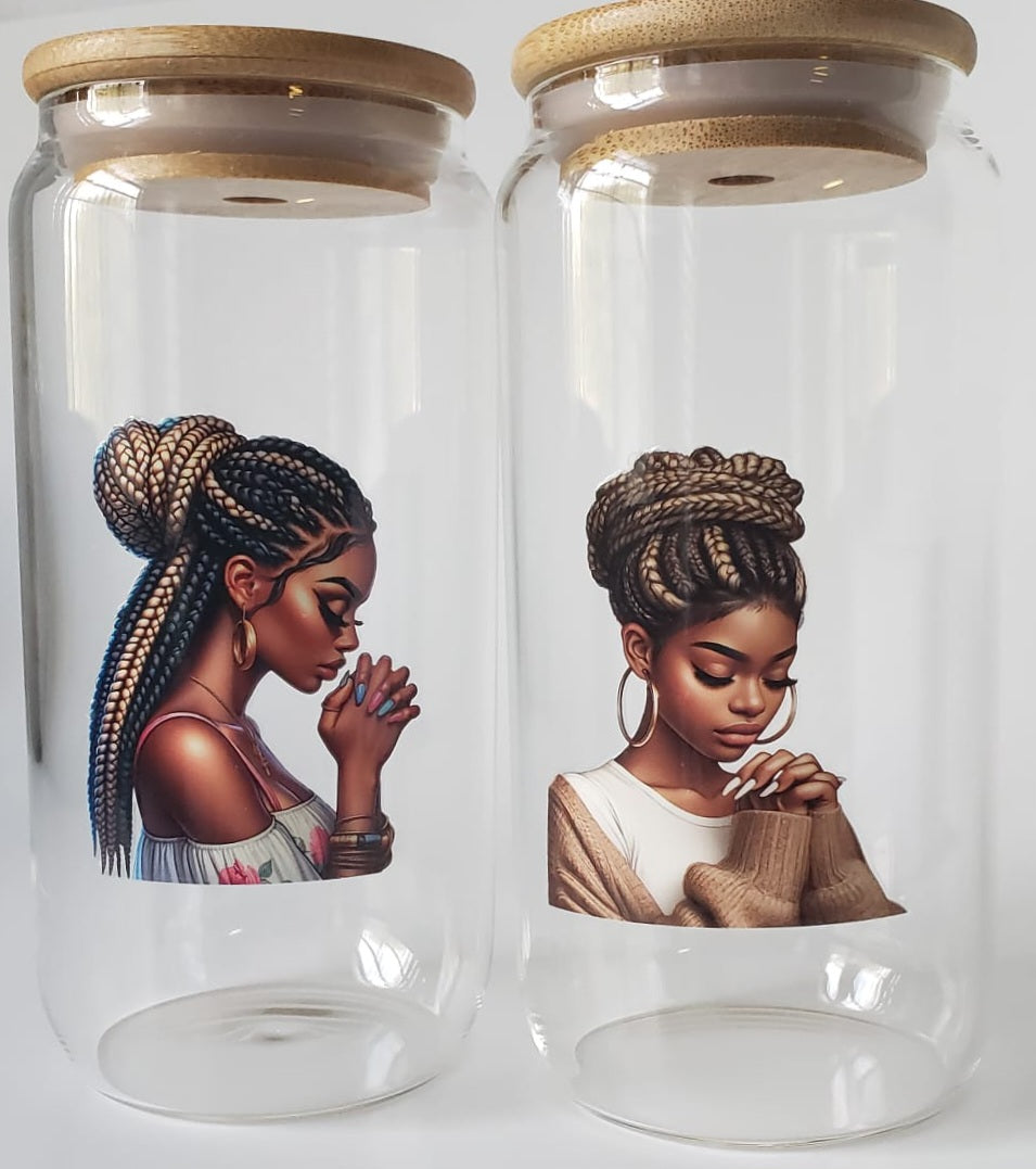 Glass Cup 16oz. with lid and straw- Black Girl with Braids Praying