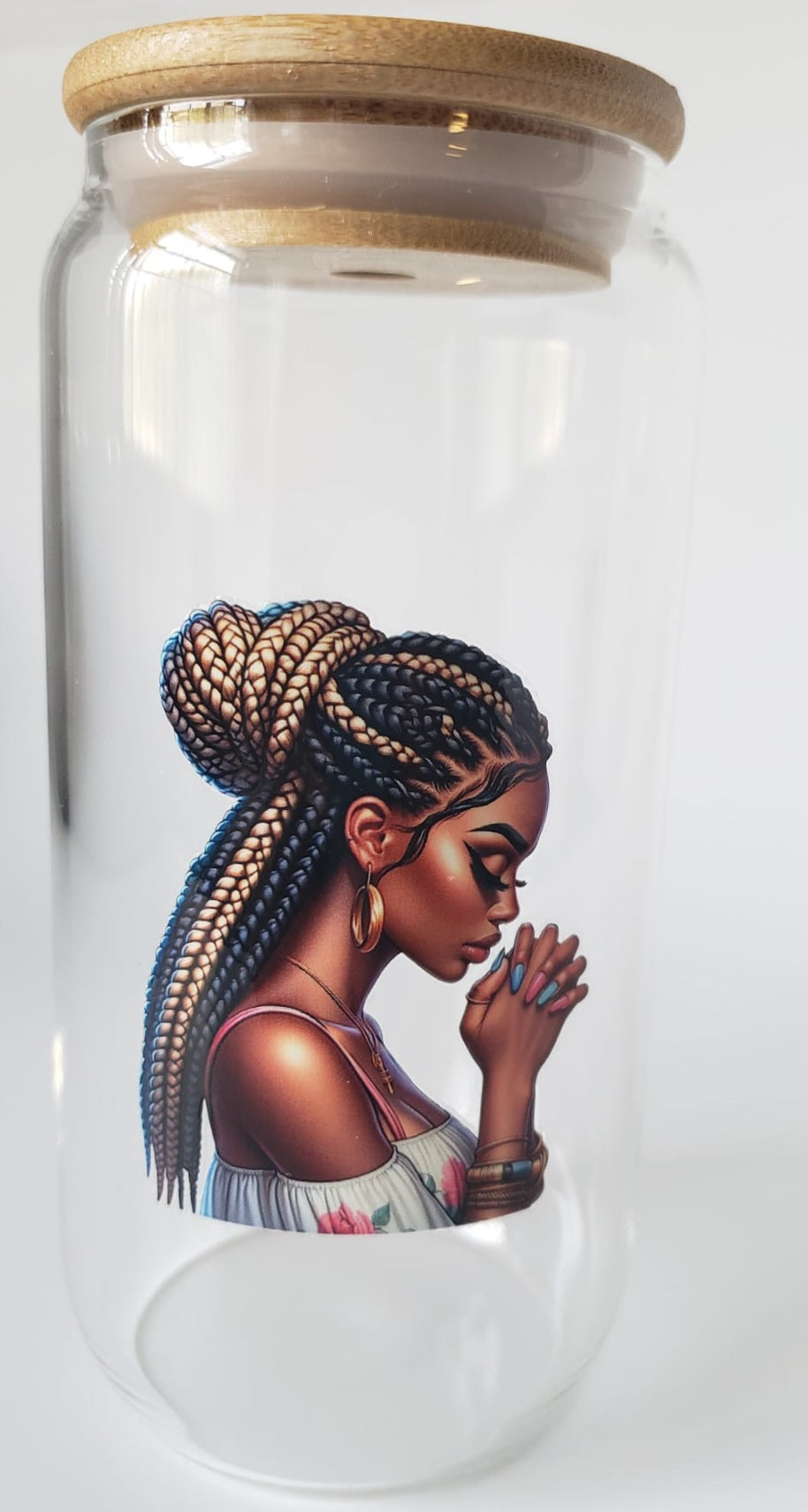 Glass Cup 16oz. with lid and straw- Black Girl with Braids Praying