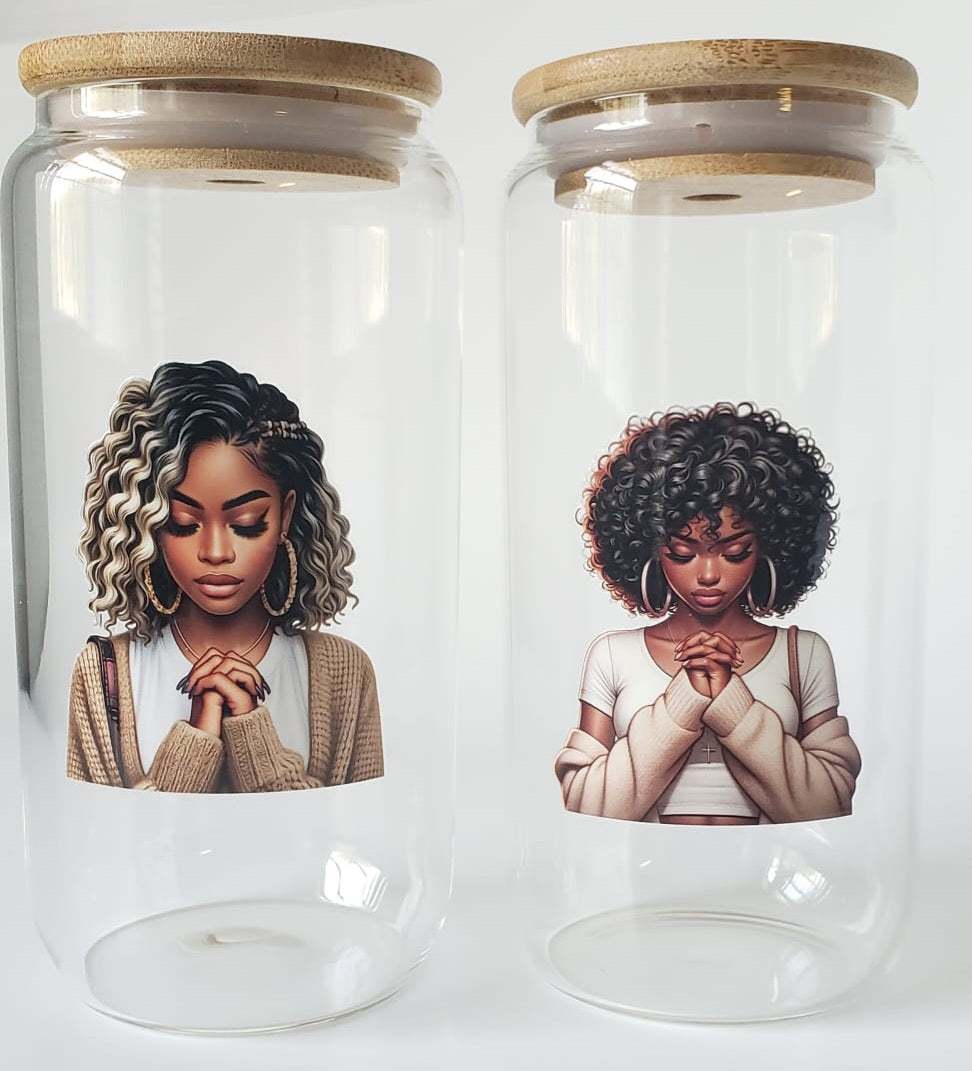 Glass Cups 16oz. with lid and straw- Black Girl Praying