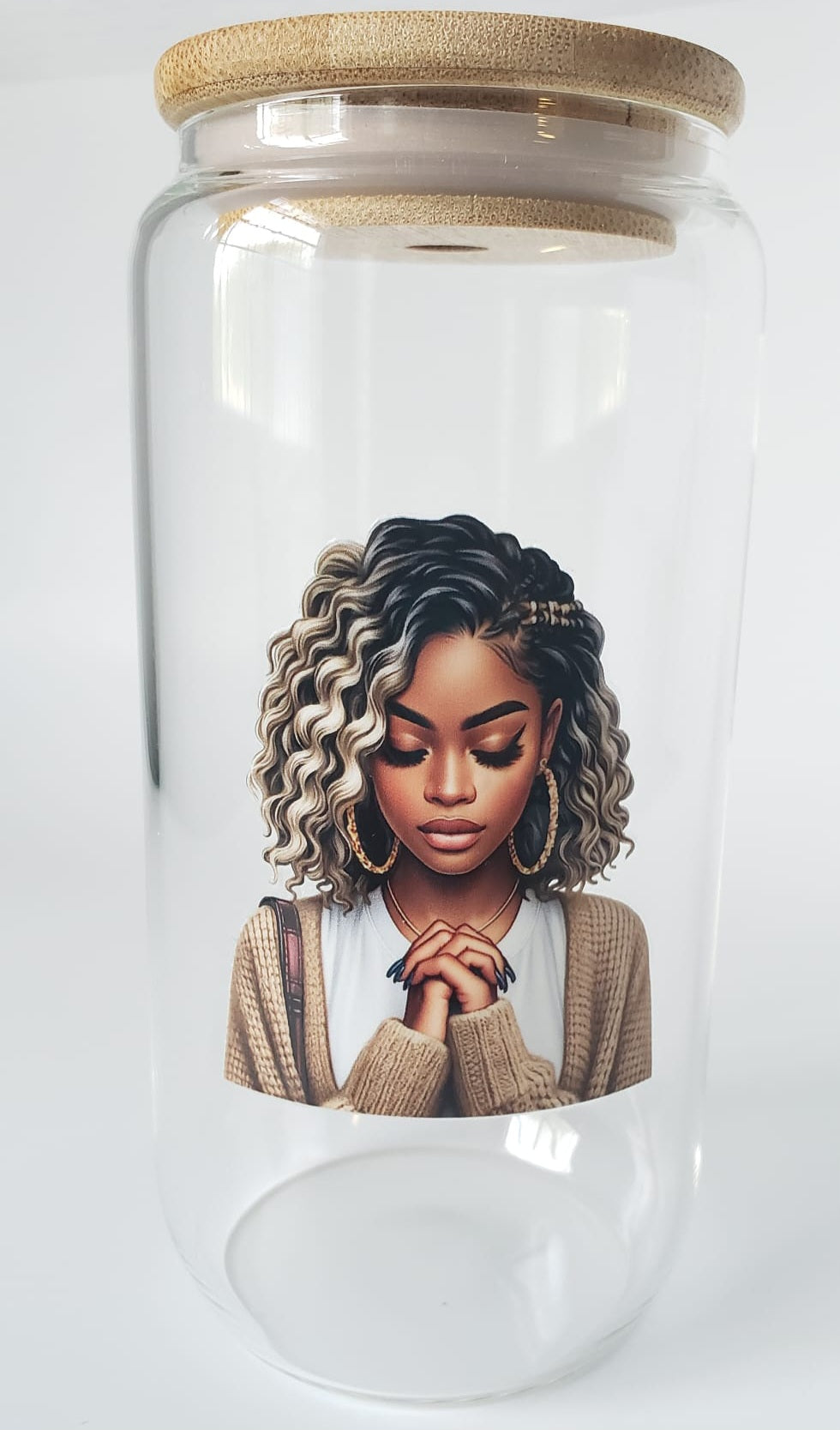 Glass Cups 16oz. with lid and straw- Black Girl Praying