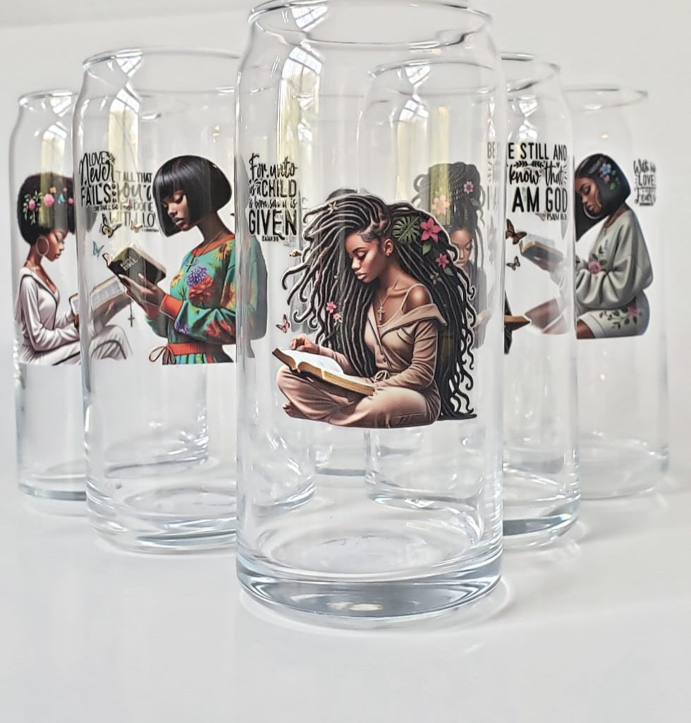 Glass Cup 20oz without lid or straw- His Love Never Fails- Black Girl Reading Bible