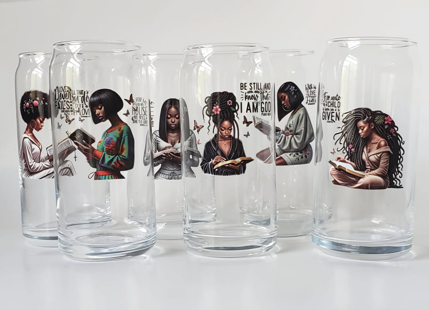 Glass Cup 20oz without lid or straw- His Love Never Fails- Black Girl Reading Bible