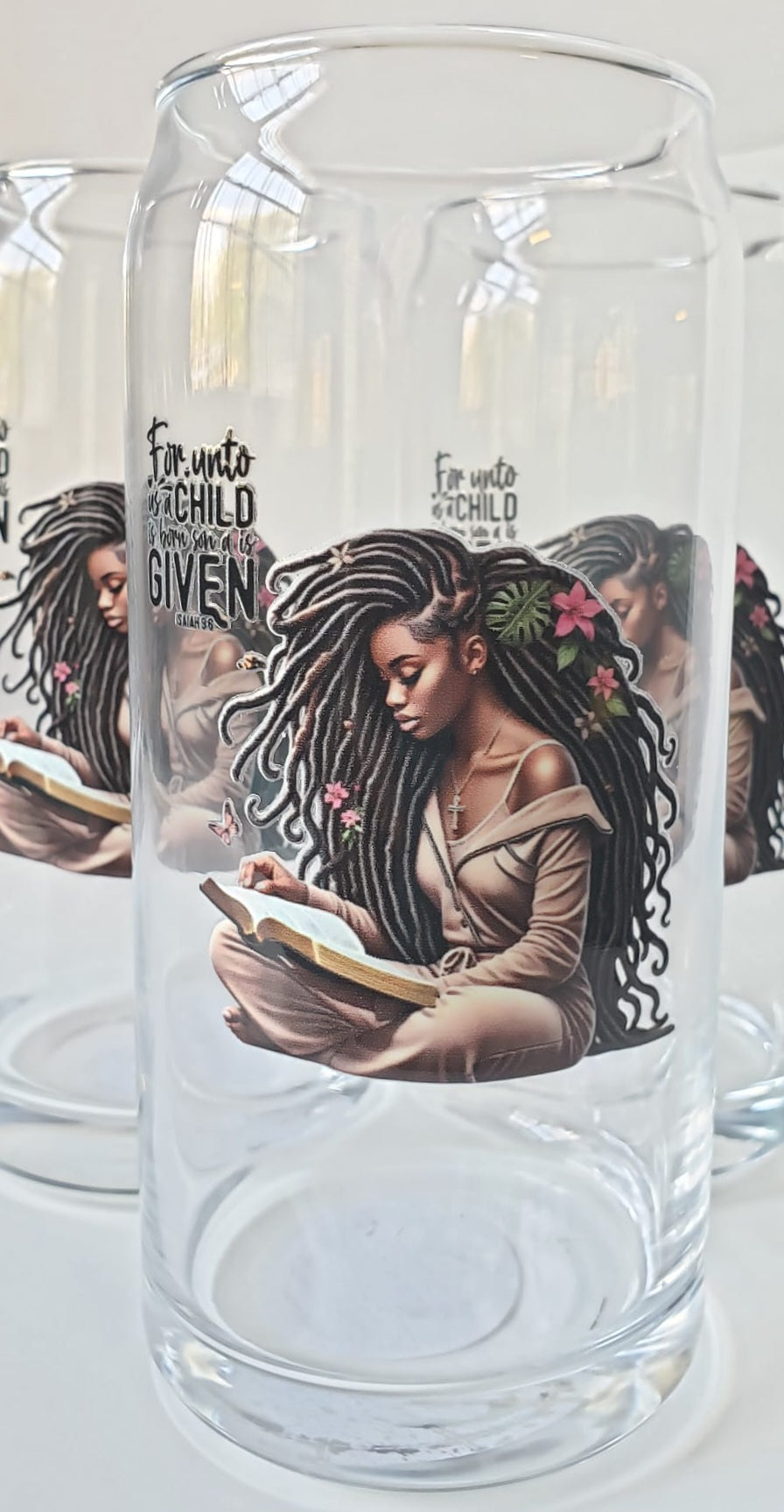 Glass Cup 20oz. without lid or straw- For unto Us- Black Girl Reading Bible