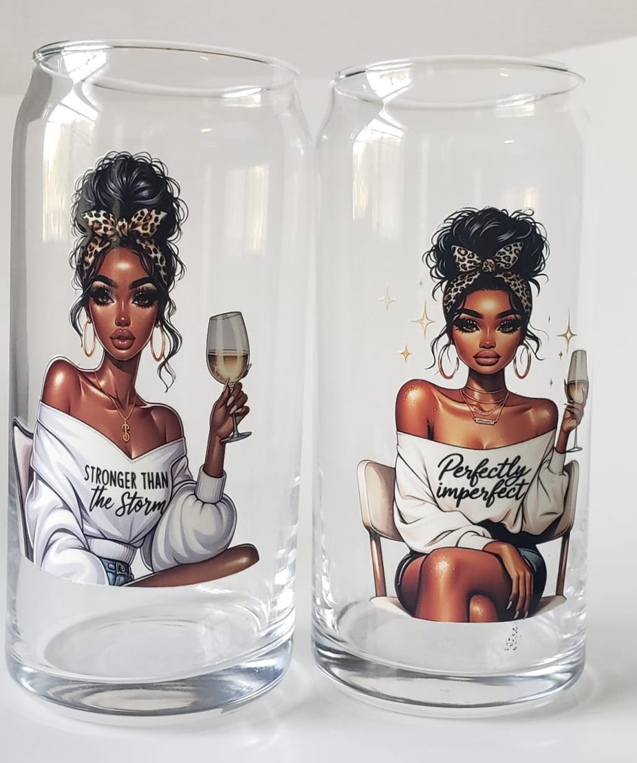 Glass Cup 20oz. without lid or straw- Perfectly Imperfect Black Girl with Wine Glass