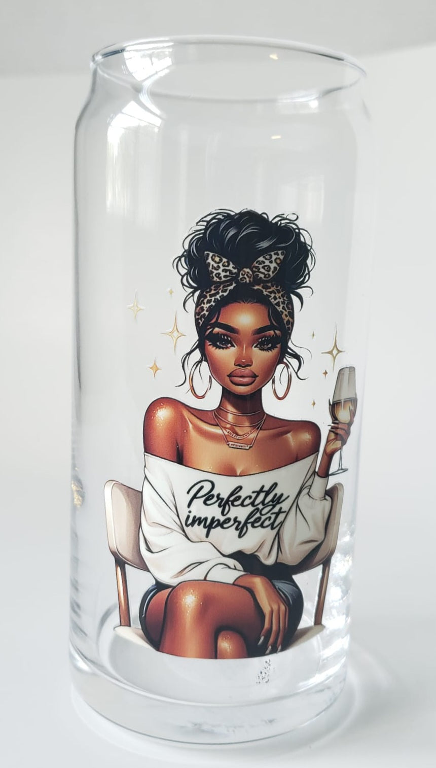 Glass Cup 20oz. without lid or straw- Perfectly Imperfect Black Girl with Wine Glass