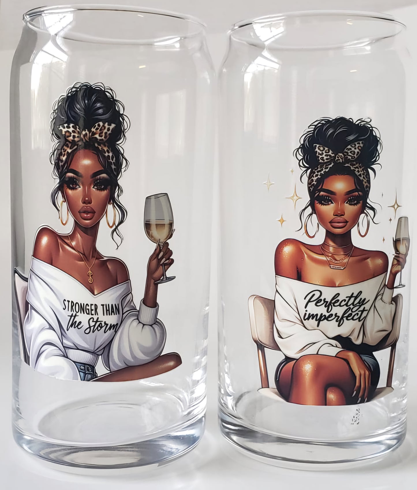 Glass Cup 20oz. without lid or straw- Perfectly Imperfect Black Girl with Wine Glass