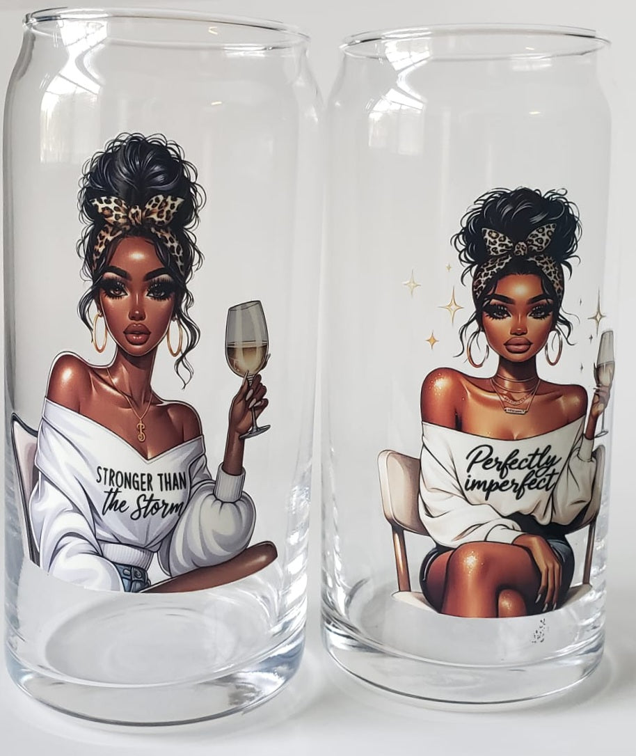 Glass Cup 20oz. without lid or straw- Perfectly Imperfect Black Girl with Wine Glass