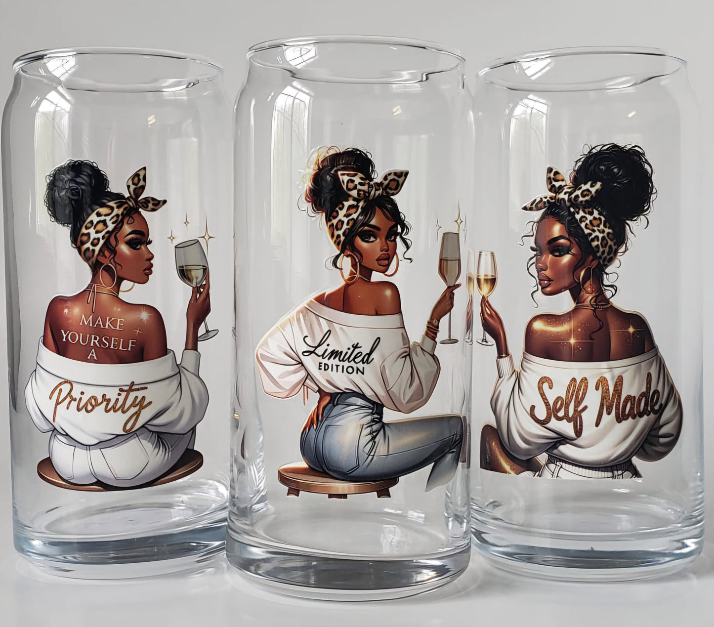 Glass Cup 20oz. without lid or straw- Self Made Black Girl with Wine Glass