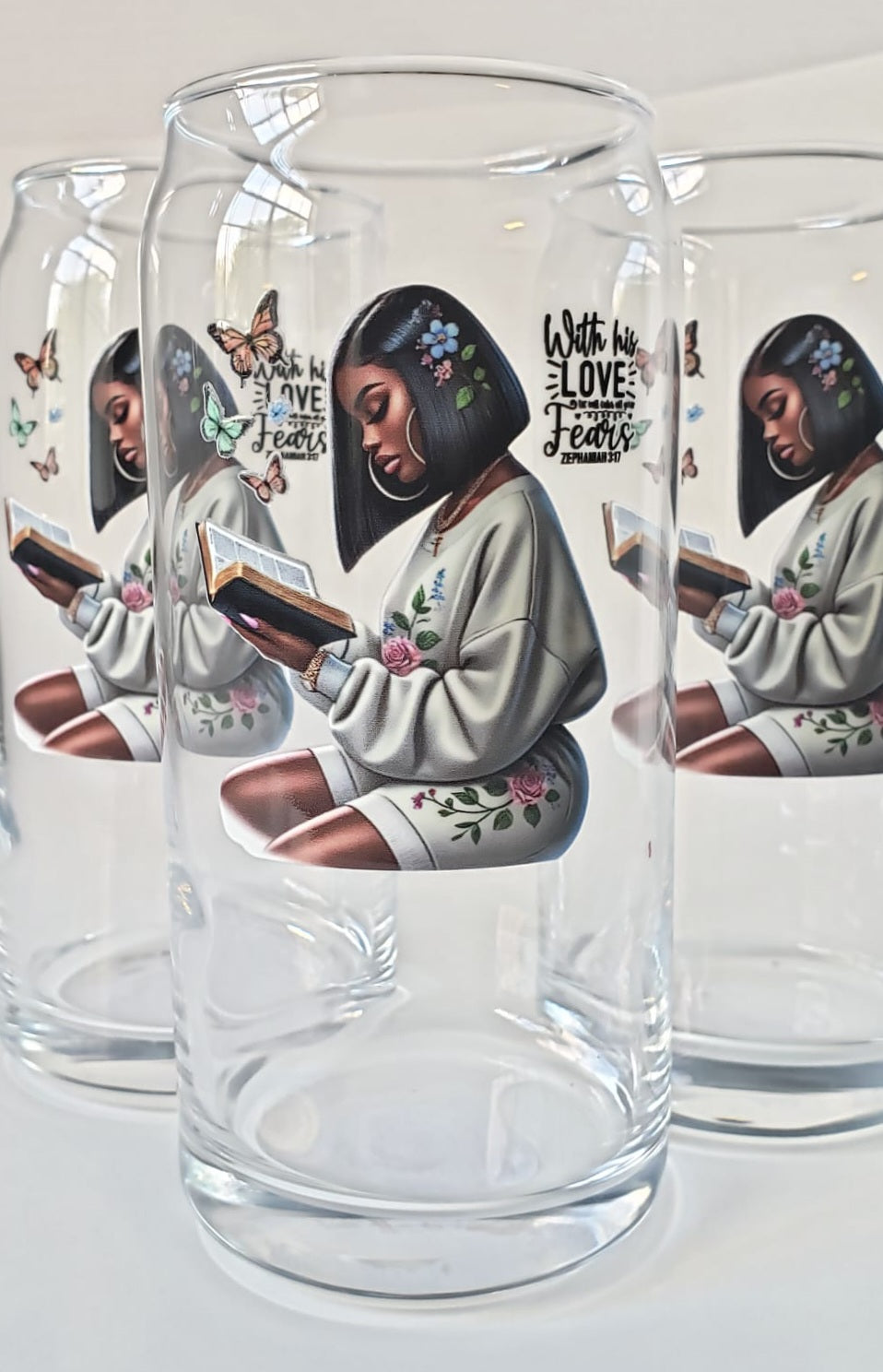 Glass Cup 20oz. without lid or straw- With His Love Black Girl Reading Bible