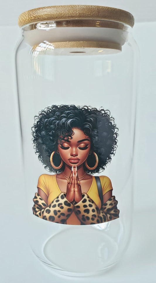 Glass Cups 16oz. with lid and straw- Black Girl Praying