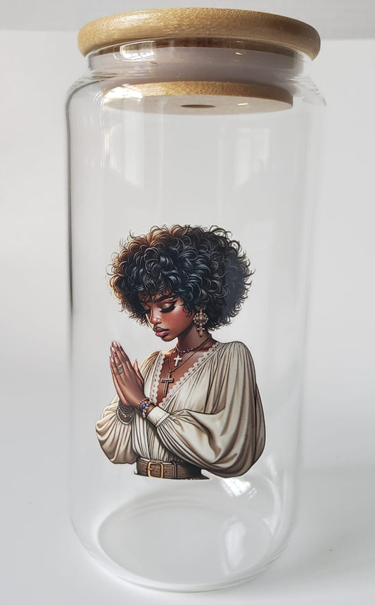 Glass Cup 16oz. without lid or straw- Humble Black Girl Praying