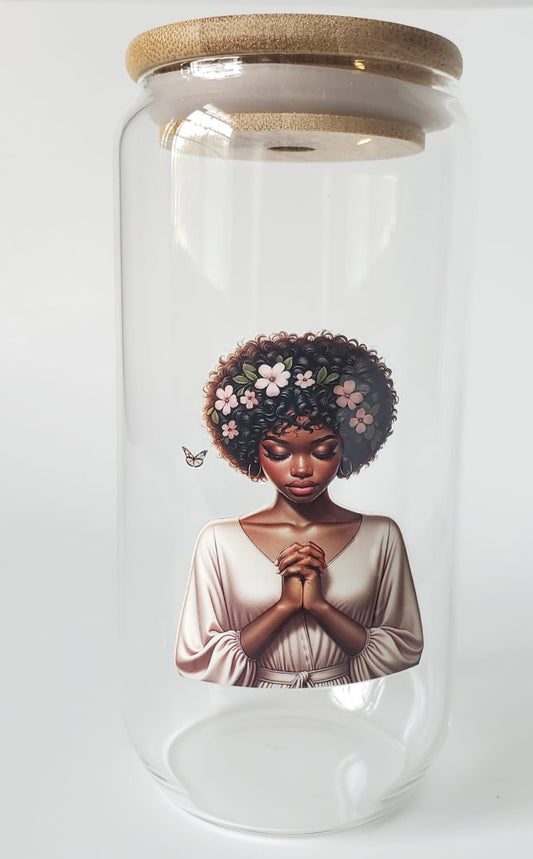 Glass Cup 16oz. without lid or straw- Black Girl with Flowers Praying