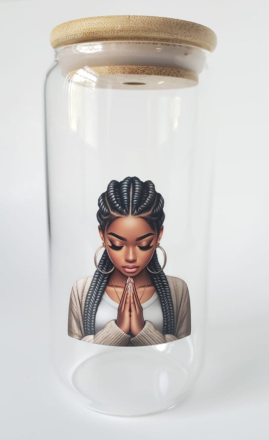 Glass Cup 16oz. with lid and straw- Black Girl with Braids Praying