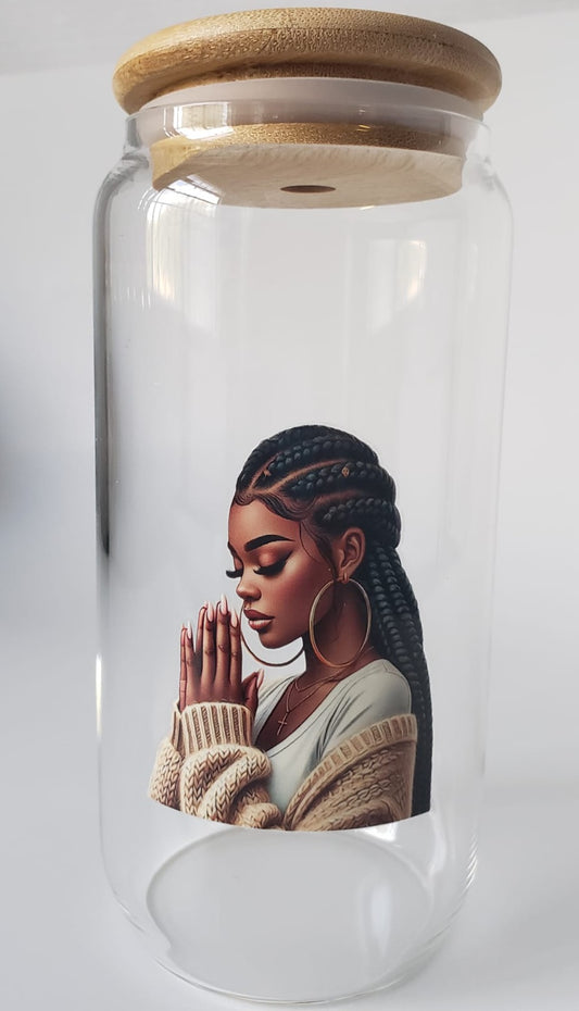 Glass Cups 16oz. with lid and straw- Black Girl with Braids Praying