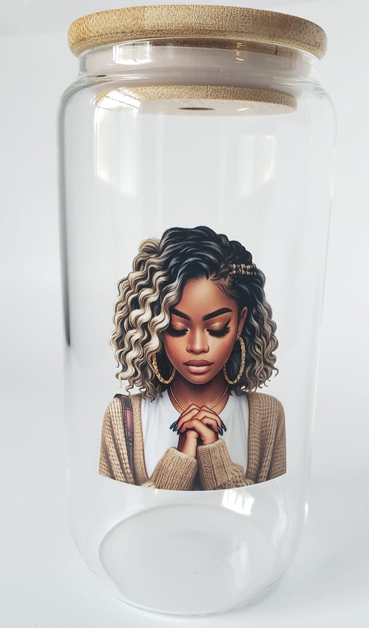 Glass Cups 16oz. with lid and straw- Black Girl Praying