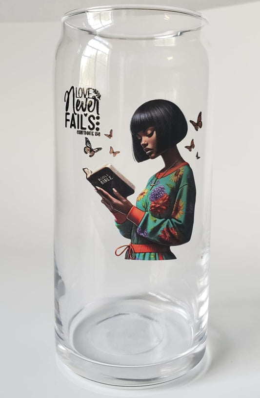 Glass Cup 20oz without lid or straw- His Love Never Fails- Black Girl Reading Bible