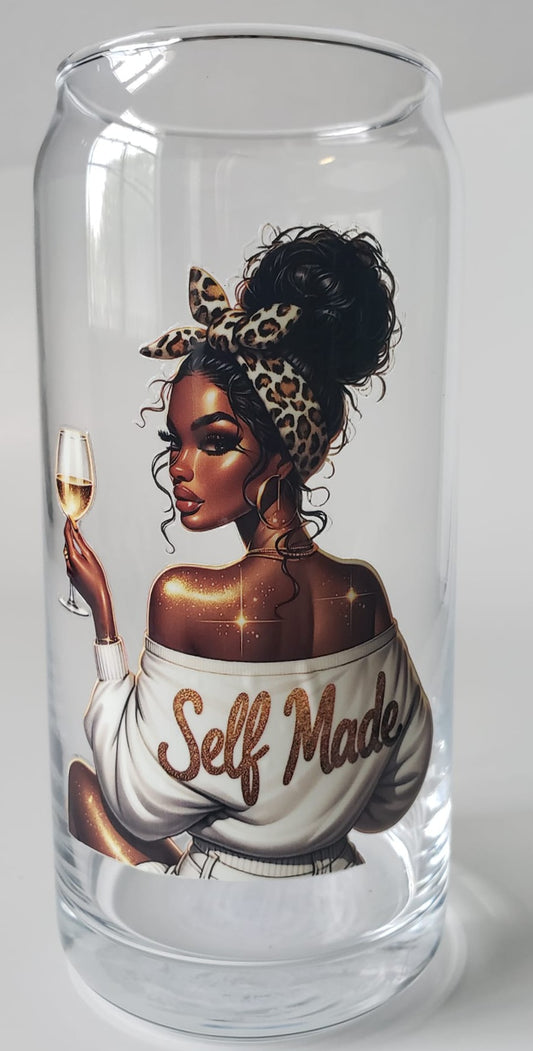 Glass Cup 20oz. without lid or straw- Self Made Black Girl with Wine Glass