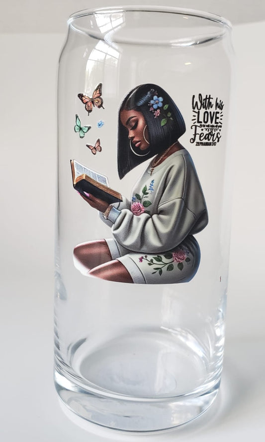 Glass Cup 20oz. without lid or straw- With His Love Black Girl Reading Bible