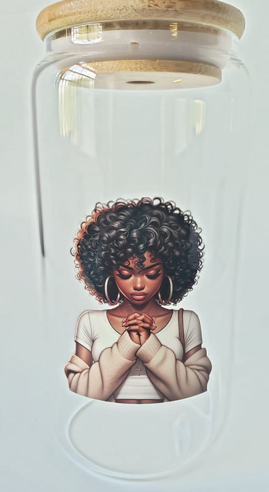 Glass Cup 16oz. with lid and straw Black Girl Praying